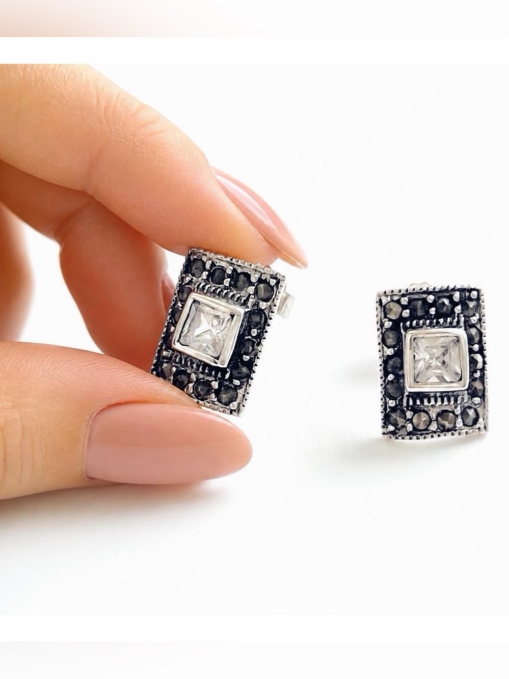 .925 Sterling Silver Marcasite & Goshenite Studs